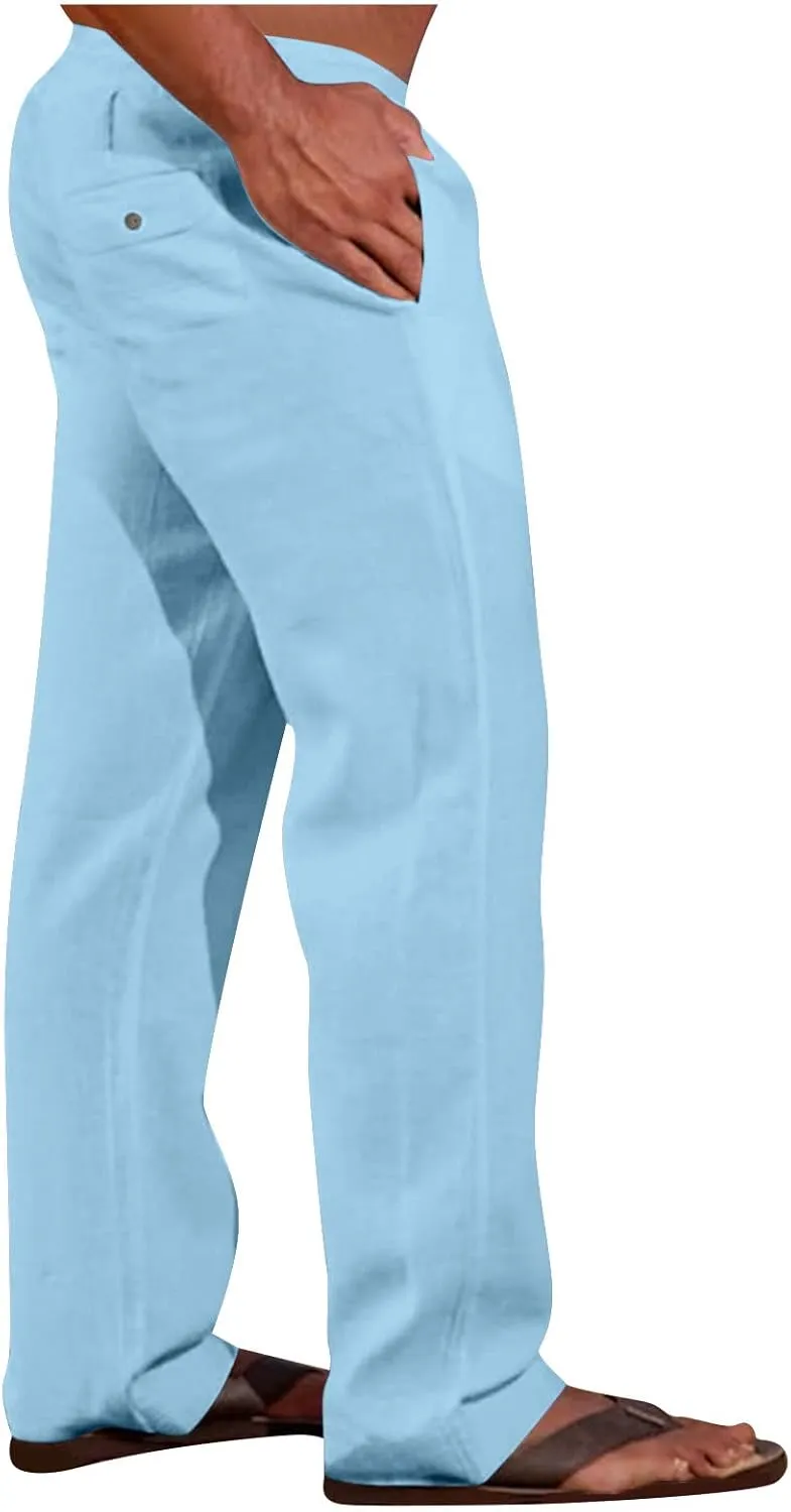 Big and Tall Linen Pants for Men Drawstring Lounge Pants Elastic Waist Dress Trousers Straight Leg Loose Pants