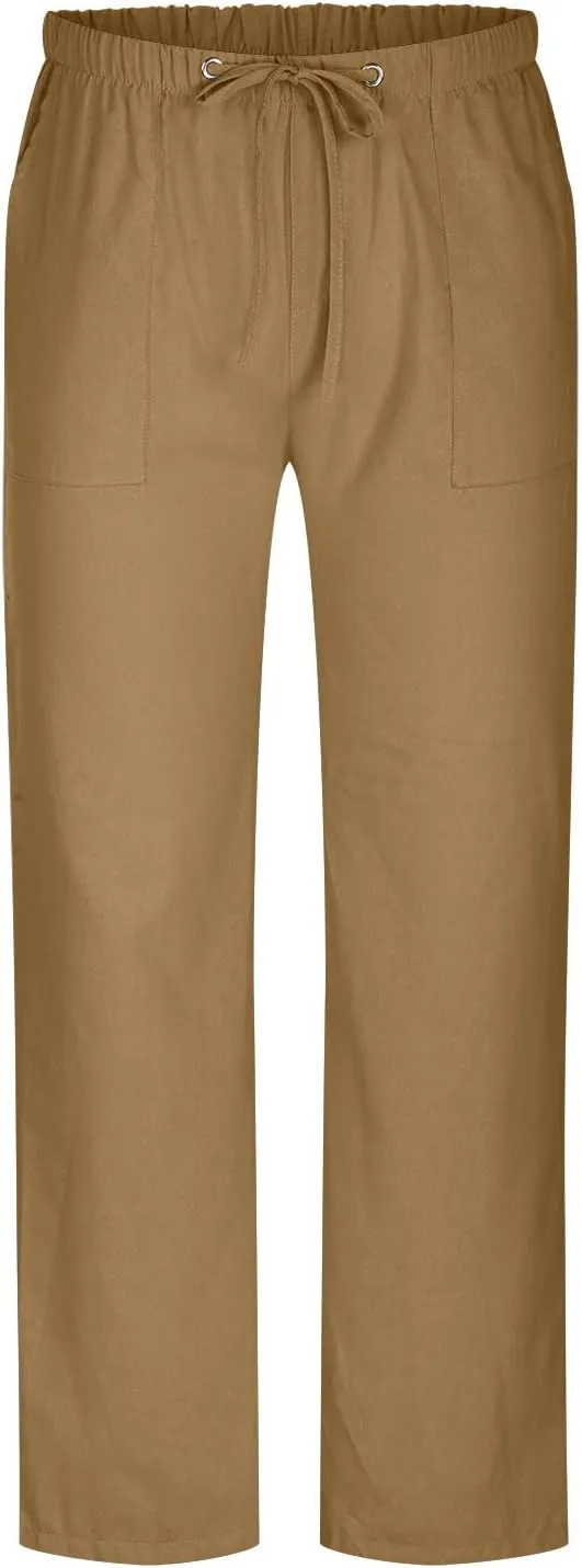 Big and Tall Linen Pants for Men Drawstring Lounge Pants Elastic Waist Dress Trousers Straight Leg Loose Pants