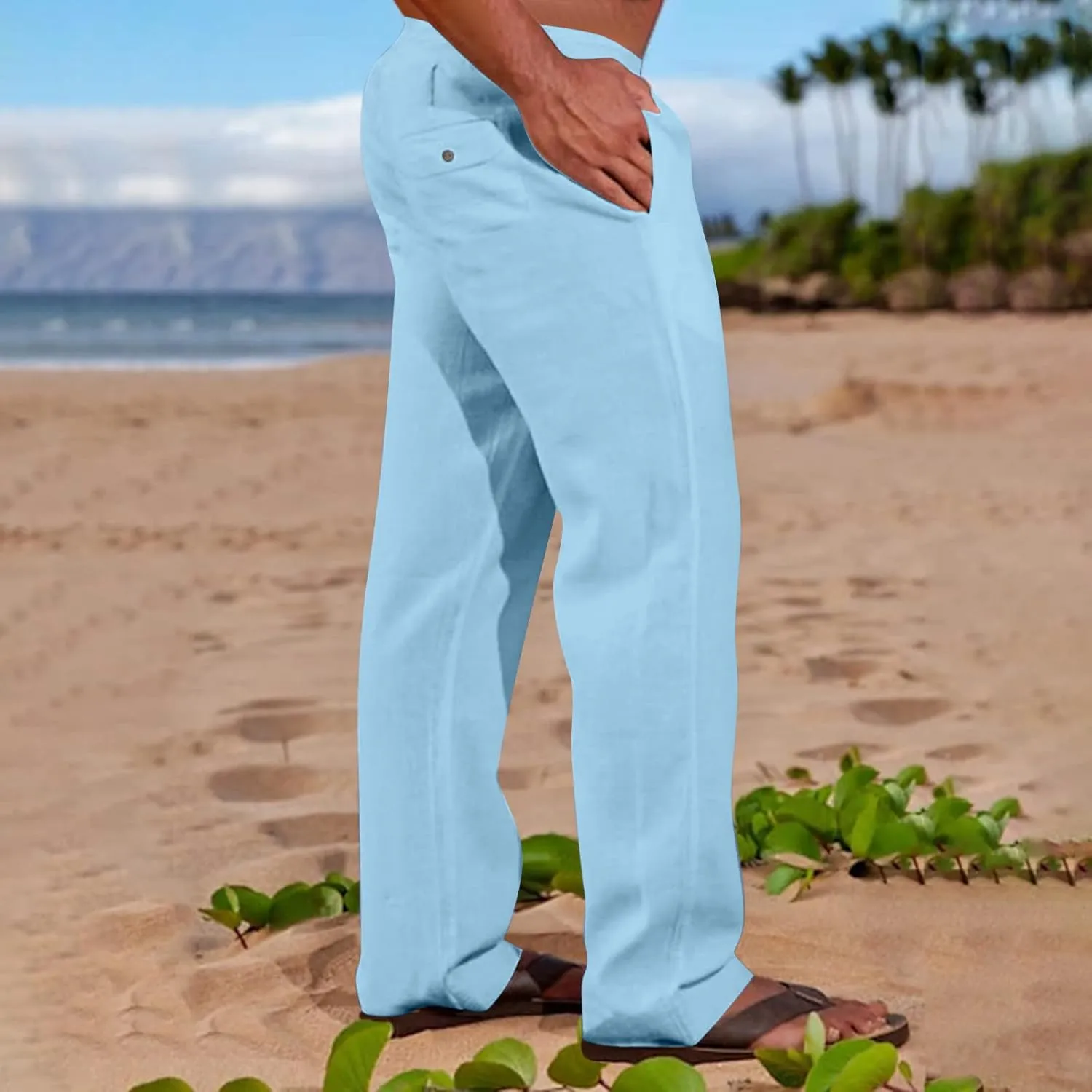 Big and Tall Linen Pants for Men Drawstring Lounge Pants Elastic Waist Dress Trousers Straight Leg Loose Pants