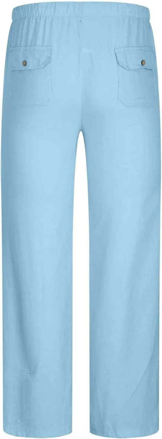 Big and Tall Linen Pants for Men Drawstring Lounge Pants Elastic Waist Dress Trousers Straight Leg Loose Pants