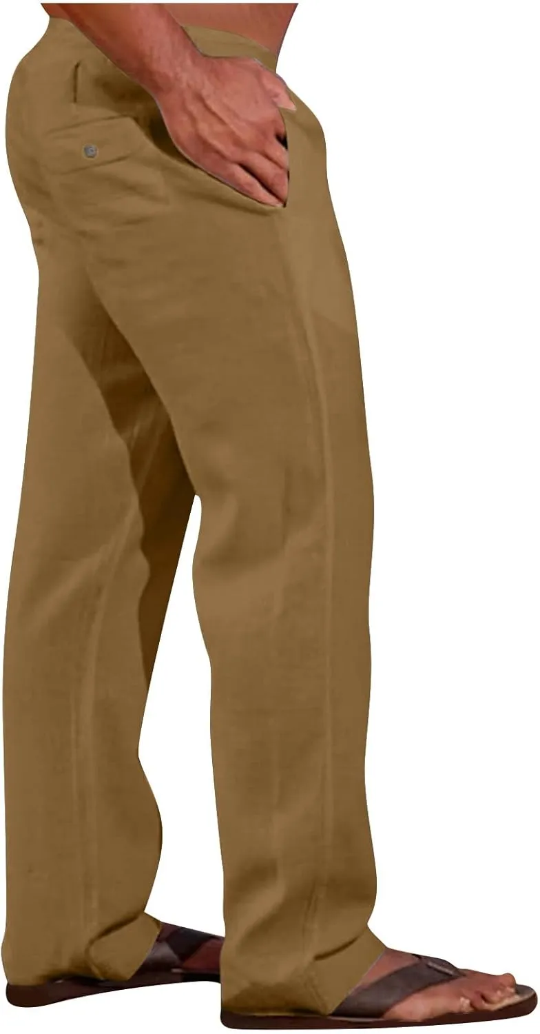 Big and Tall Linen Pants for Men Drawstring Lounge Pants Elastic Waist Dress Trousers Straight Leg Loose Pants