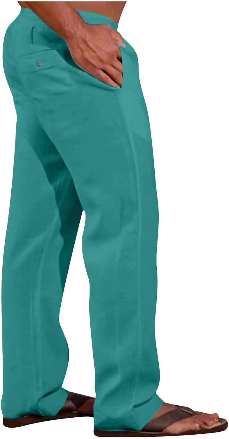 Big and Tall Linen Pants for Men Drawstring Lounge Pants Elastic Waist Dress Trousers Straight Leg Loose Pants