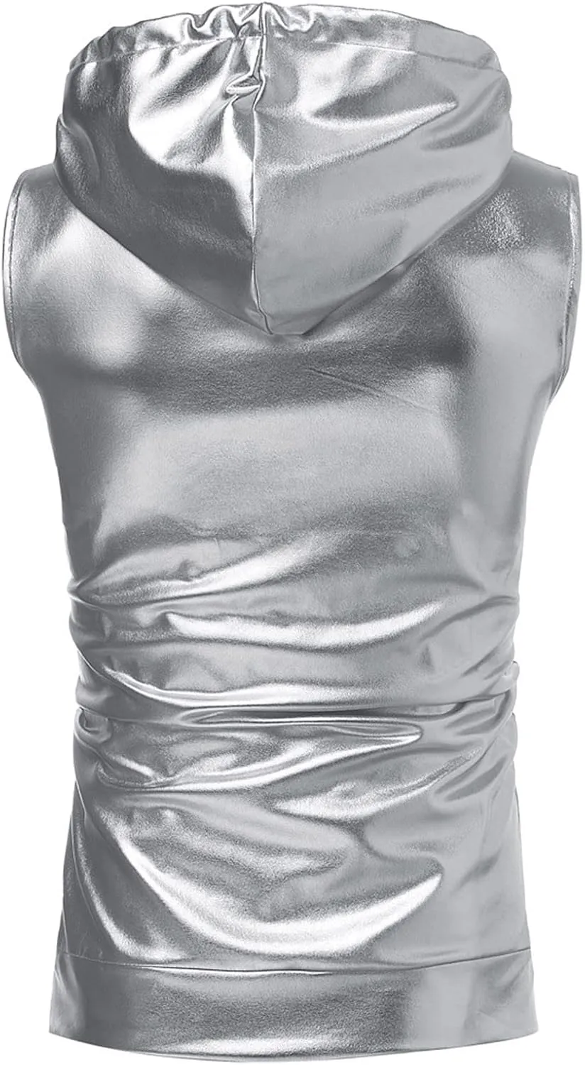 Bling Shiny Fashion Hoodie Vest for Men Hipster Metallic Zip Up Sleeveless Hooded Vest 70s Disco T Shirt with Pocket
