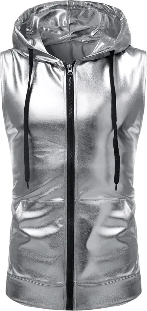 Bling Shiny Fashion Hoodie Vest for Men Hipster Metallic Zip Up Sleeveless Hooded Vest 70s Disco T Shirt with Pocket