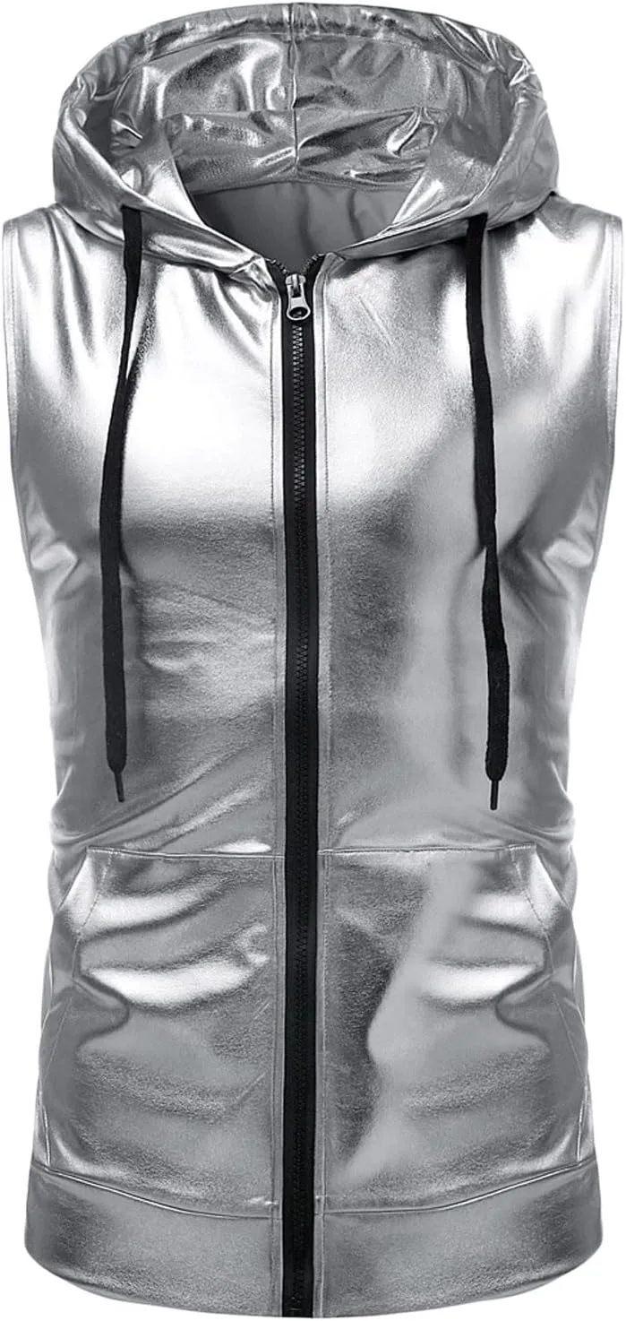 Bling Shiny Fashion Hoodie Vest for Men Hipster Metallic Zip Up Sleeveless Hooded Vest 70s Disco T Shirt with Pocket
