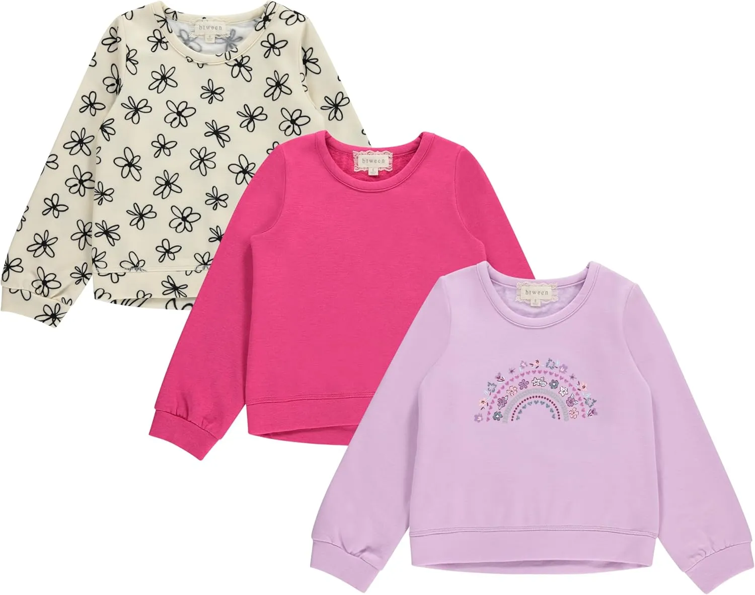 BTween Girls 3-Piece Crew Neck Fleece Sweatshirt Set Long Sleeve Cotton Blend Pullover, Soft and Comfortable, Sizes 4-12