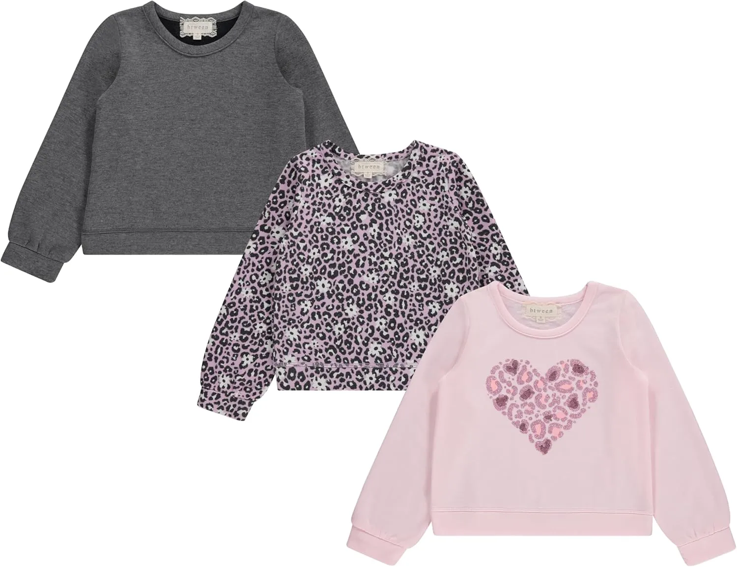 BTween Girls 3-Piece Crew Neck Fleece Sweatshirt Set Long Sleeve Cotton Blend Pullover, Soft and Comfortable, Sizes 4-12