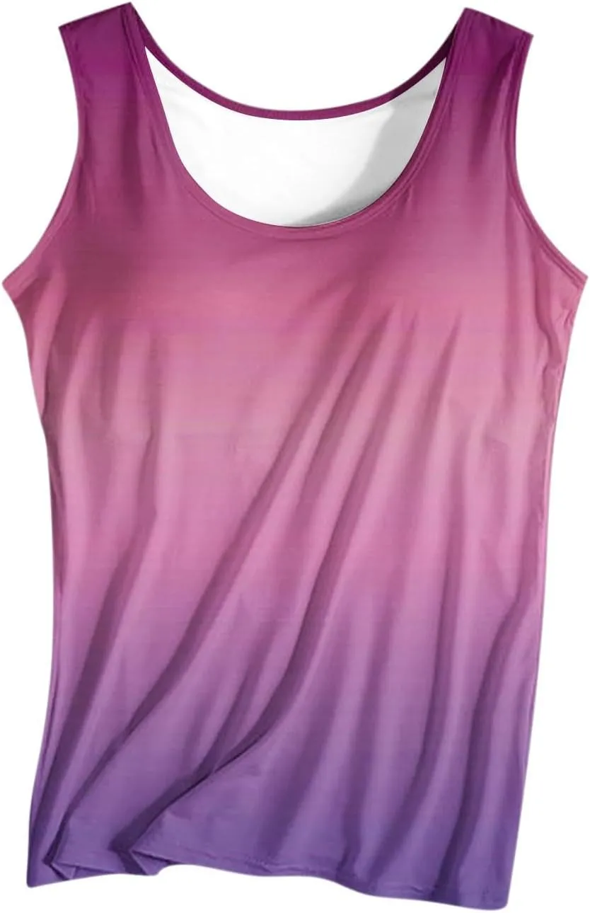 Built in Bra Tank Tops for Women Gradient Color Camisole Casual Basic Cami Shirts Stretchy Sports Athletic Top