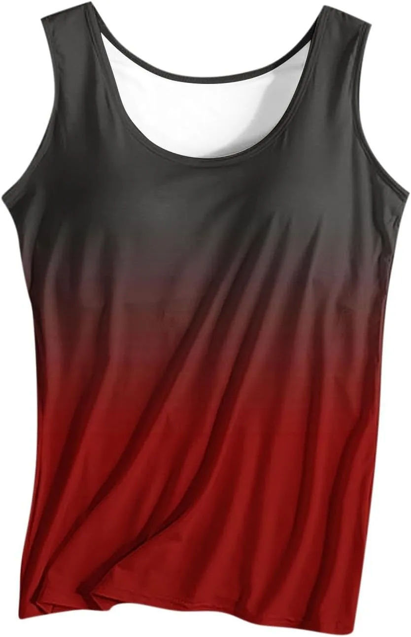 Built in Bra Tank Tops for Women Gradient Color Camisole Casual Basic Cami Shirts Stretchy Sports Athletic Top