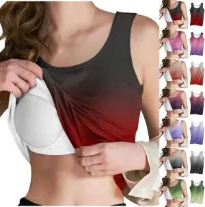 Built in Bra Tank Tops for Women Gradient Color Camisole Casual Basic Cami Shirts Stretchy Sports Athletic Top
