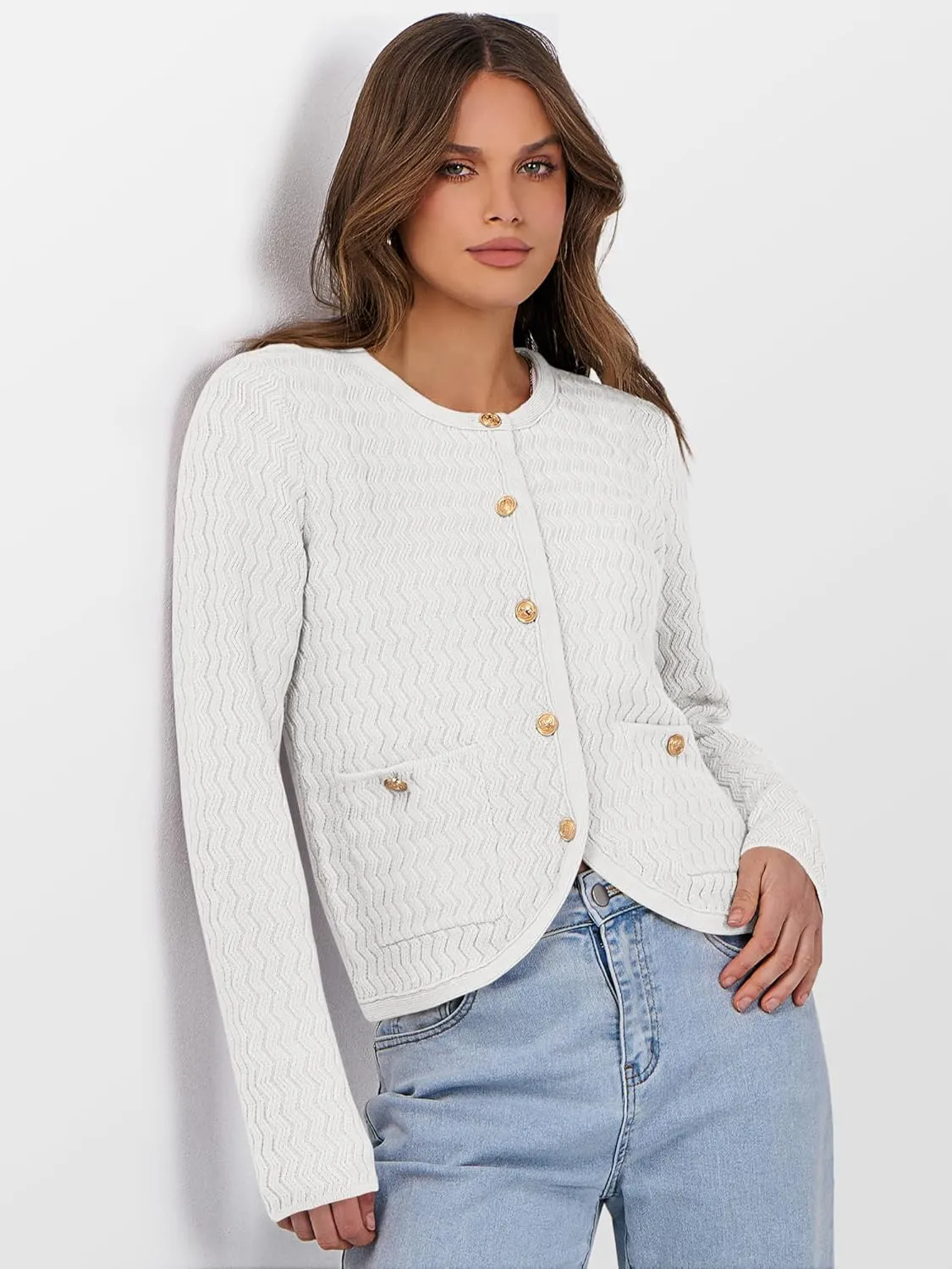 Caracilia Women's Cropped Cardigan Sweaters Open Front Button Down Dressy Casual Classic Knit Lady Jackets Spring Outerwear