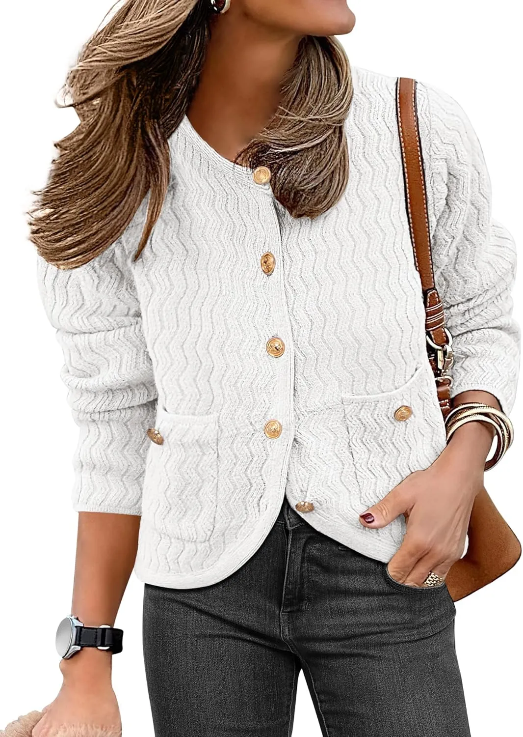 Caracilia Women's Cropped Cardigan Sweaters Open Front Button Down Dressy Casual Classic Knit Lady Jackets Spring Outerwear