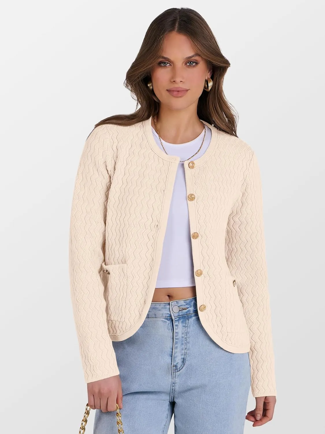 Caracilia Women's Cropped Cardigan Sweaters Open Front Button Down Dressy Casual Classic Knit Lady Jackets Spring Outerwear