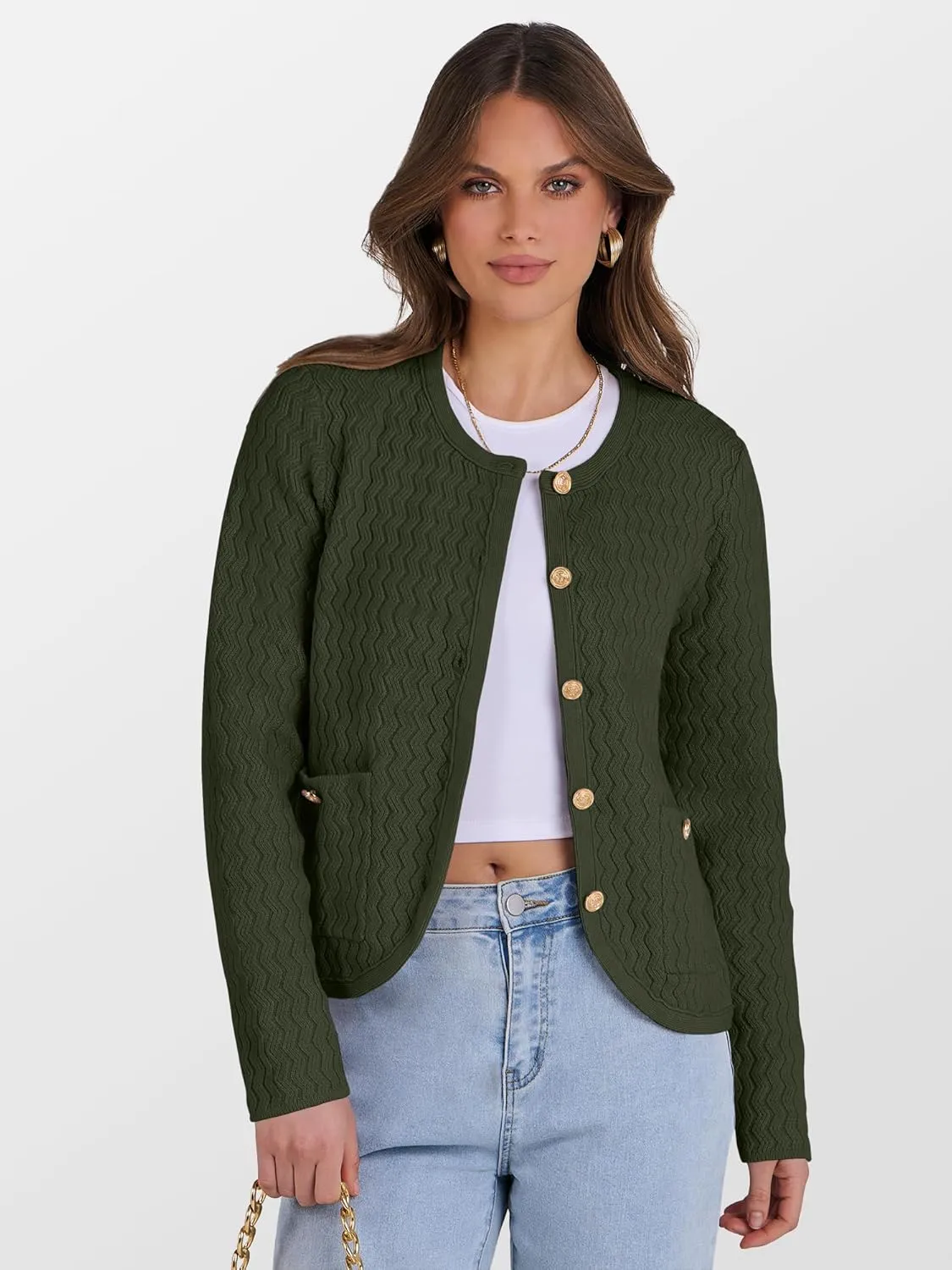 Caracilia Women's Cropped Cardigan Sweaters Open Front Button Down Dressy Casual Classic Knit Lady Jackets Spring Outerwear
