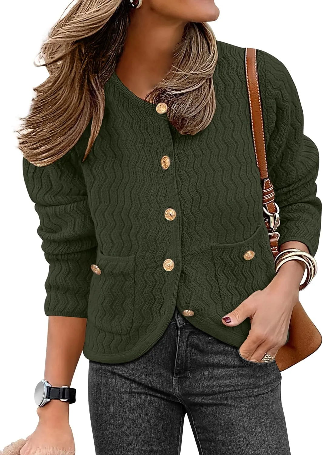 Caracilia Women's Cropped Cardigan Sweaters Open Front Button Down Dressy Casual Classic Knit Lady Jackets Spring Outerwear