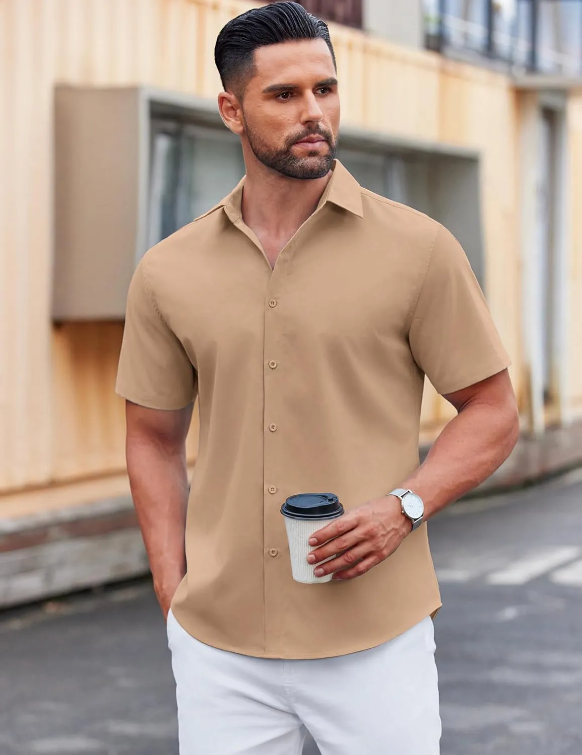 COOFANDY Men's Casual Short Sleeve Button Down Shirts Untucked Dress Shirts Wrinkle Free Summer Wedding Shirts Solid