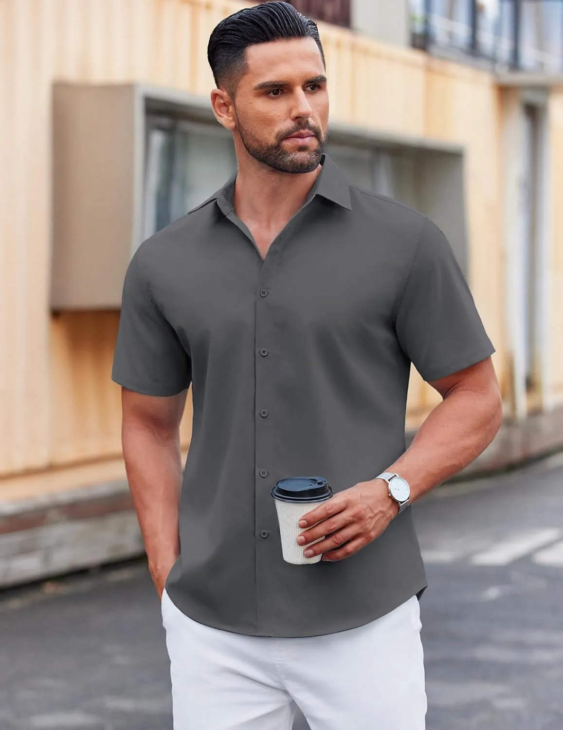 COOFANDY Men's Casual Short Sleeve Button Down Shirts Untucked Dress Shirts Wrinkle Free Summer Wedding Shirts Solid