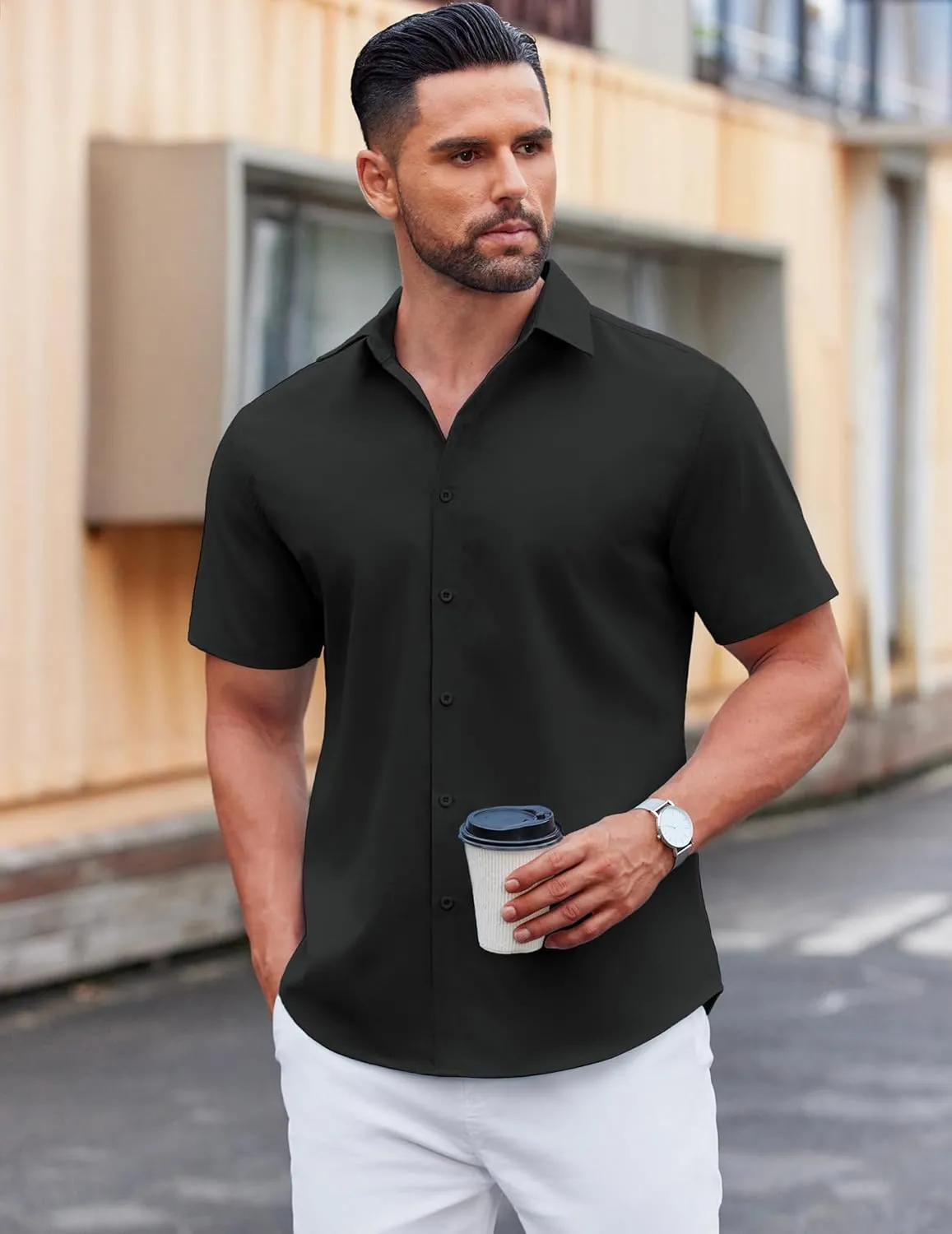 COOFANDY Men's Casual Short Sleeve Button Down Shirts Untucked Dress Shirts Wrinkle Free Summer Wedding Shirts Solid