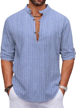 COOFANDY Men's Cotton Linen Henley Shirt Casual Beach Hippie Shirts Long Sleeve T-Shirts