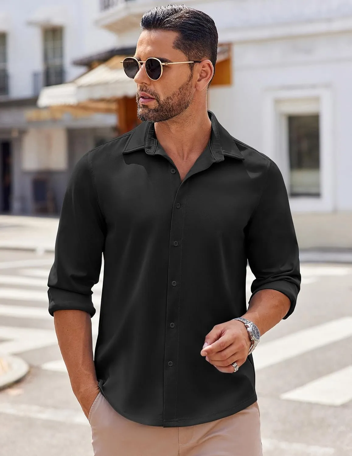 COOFANDY Mens Long Sleeve Button Down Shirts Casual Untucked Shirts Stretch Shirts