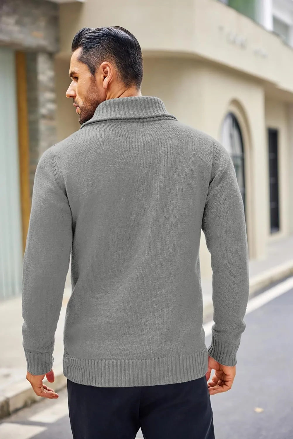 COOFANDY Men's Shawl Collar Sweaters V-Neck Relaxed Fit Cable Pullovers