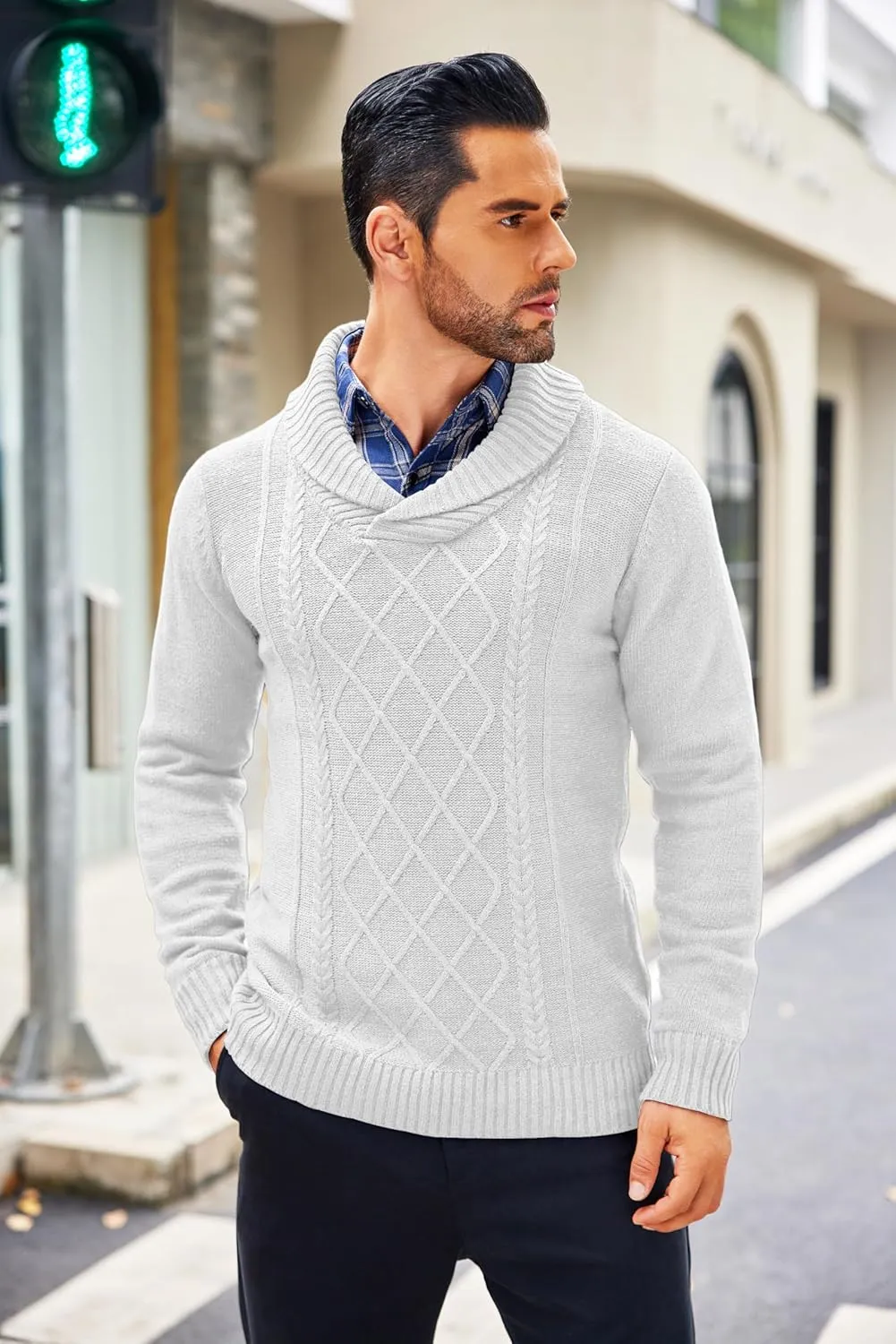 COOFANDY Men's Shawl Collar Sweaters V-Neck Relaxed Fit Cable Pullovers