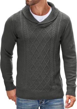 COOFANDY Men's Shawl Collar Sweaters V-Neck Relaxed Fit Cable Pullovers
