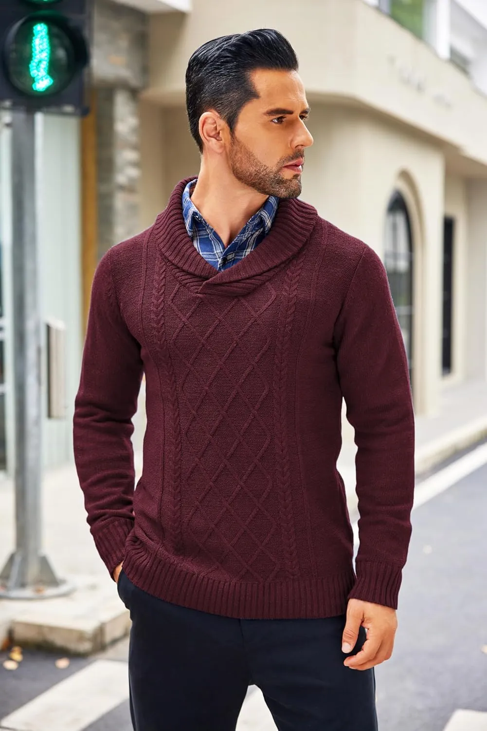 COOFANDY Men's Shawl Collar Sweaters V-Neck Relaxed Fit Cable Pullovers