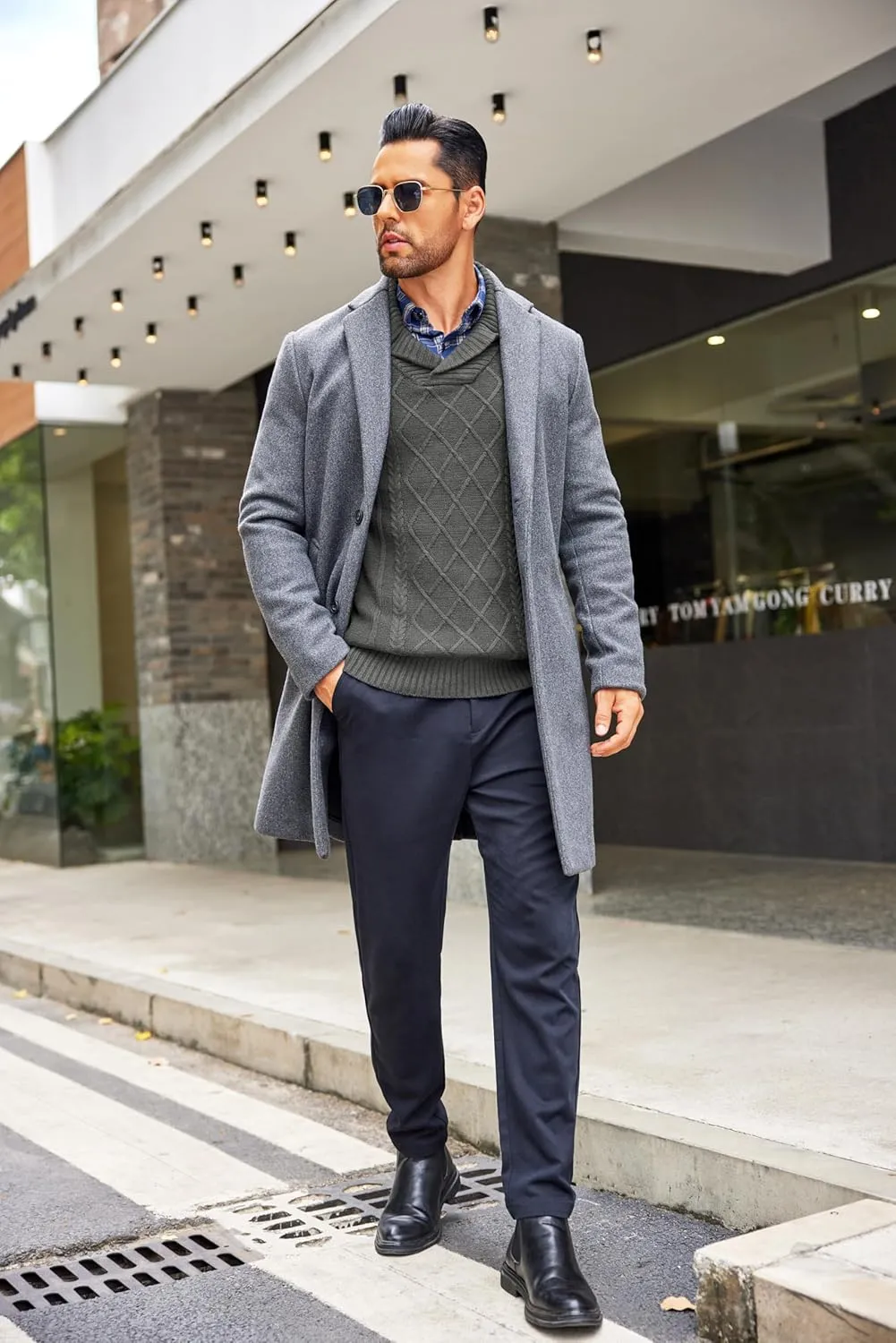 COOFANDY Men's Shawl Collar Sweaters V-Neck Relaxed Fit Cable Pullovers
