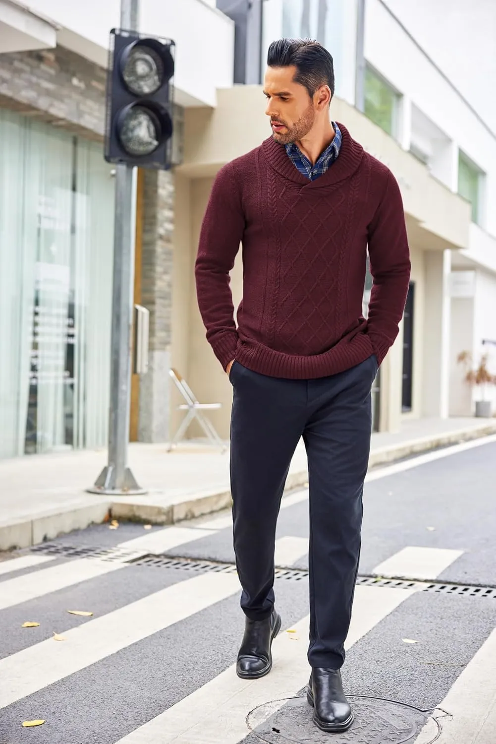 COOFANDY Men's Shawl Collar Sweaters V-Neck Relaxed Fit Cable Pullovers