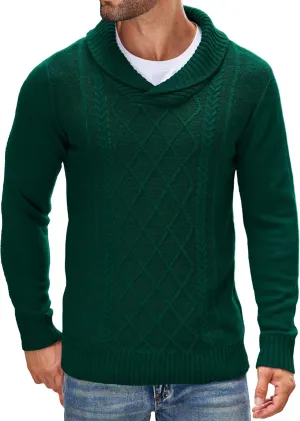 COOFANDY Men's Shawl Collar Sweaters V-Neck Relaxed Fit Cable Pullovers