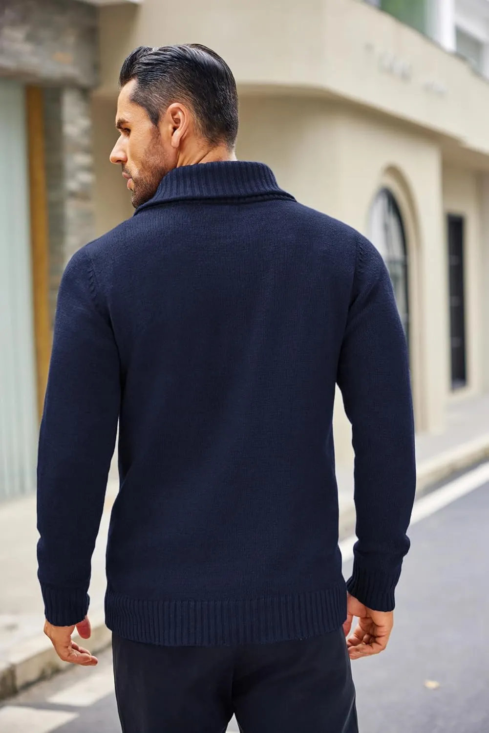 COOFANDY Men's Shawl Collar Sweaters V-Neck Relaxed Fit Cable Pullovers