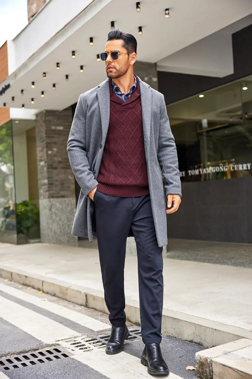 COOFANDY Men's Shawl Collar Sweaters V-Neck Relaxed Fit Cable Pullovers