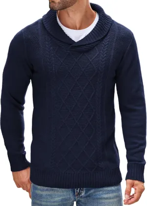 COOFANDY Men's Shawl Collar Sweaters V-Neck Relaxed Fit Cable Pullovers