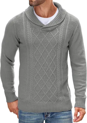 COOFANDY Men's Shawl Collar Sweaters V-Neck Relaxed Fit Cable Pullovers