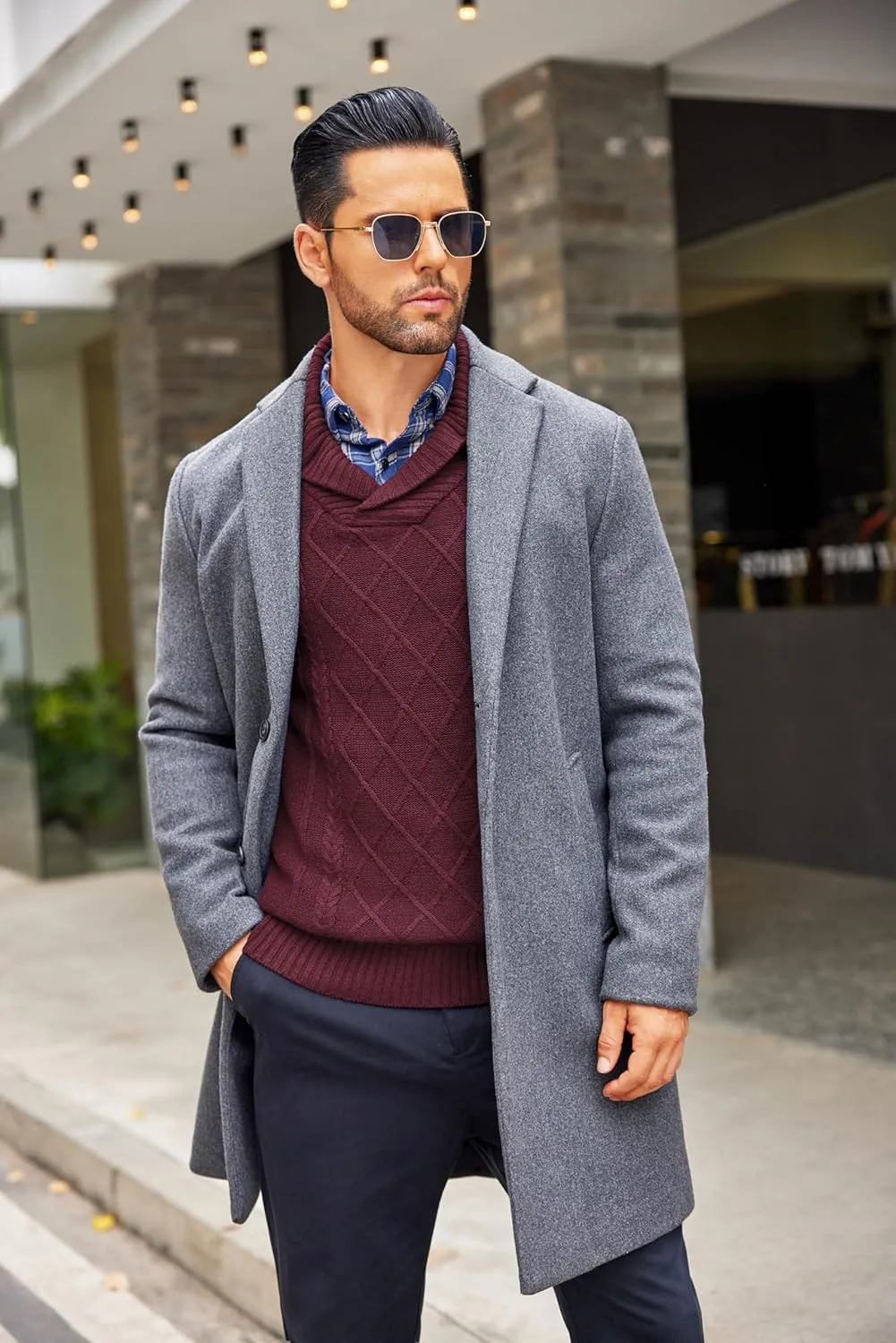 COOFANDY Men's Shawl Collar Sweaters V-Neck Relaxed Fit Cable Pullovers