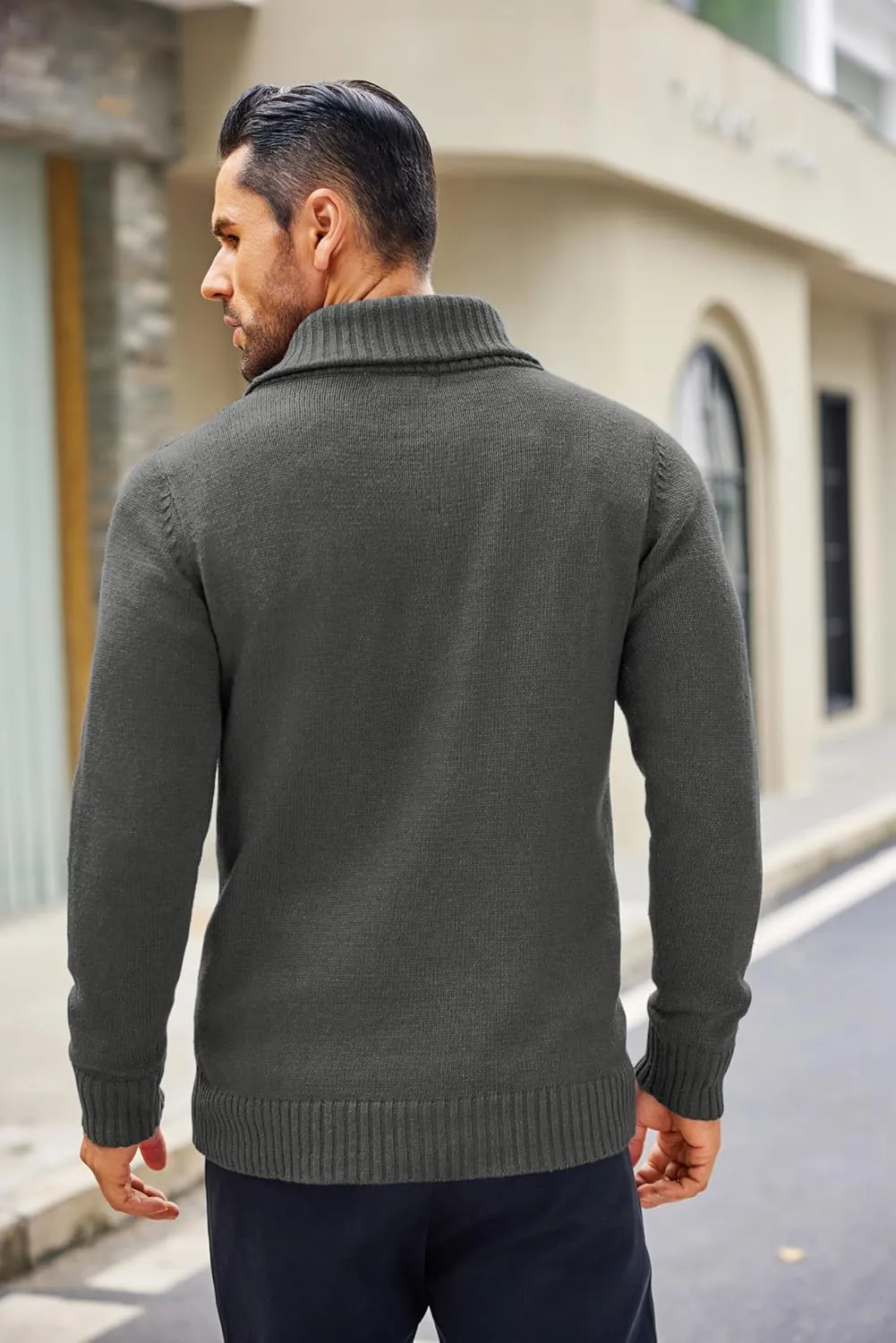 COOFANDY Men's Shawl Collar Sweaters V-Neck Relaxed Fit Cable Pullovers