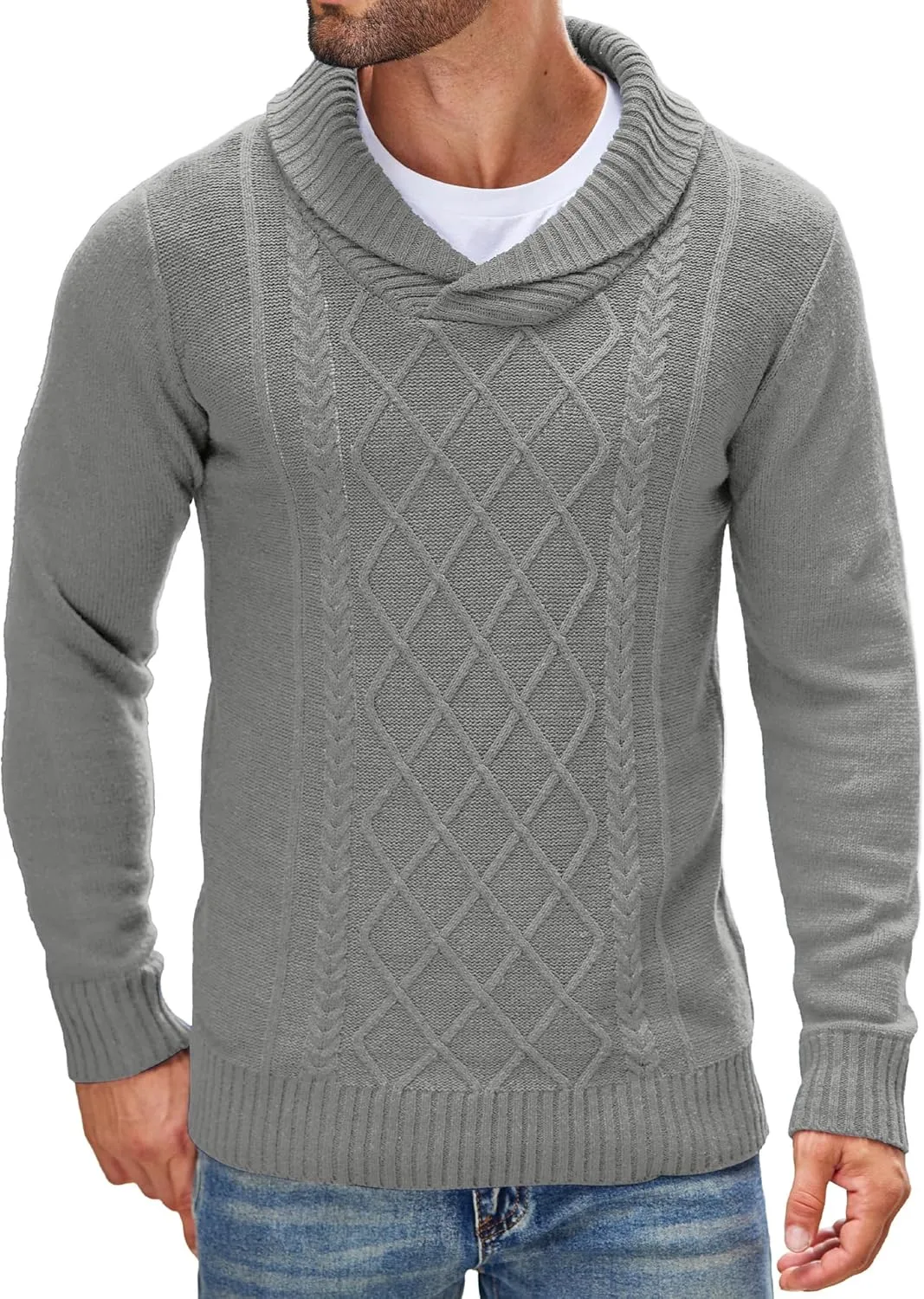COOFANDY Men's Shawl Collar Sweaters V-Neck Relaxed Fit Cable Pullovers
