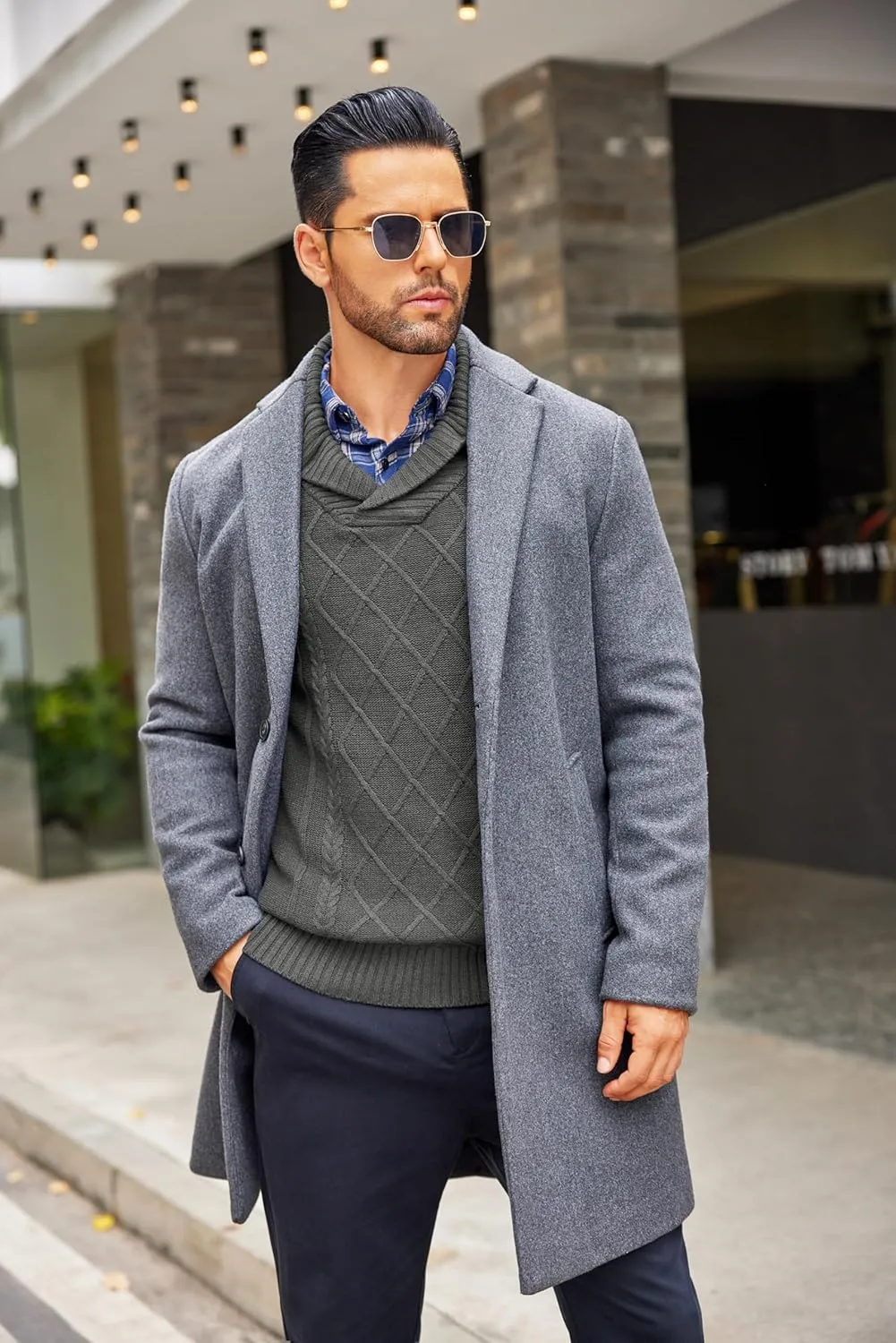 COOFANDY Men's Shawl Collar Sweaters V-Neck Relaxed Fit Cable Pullovers
