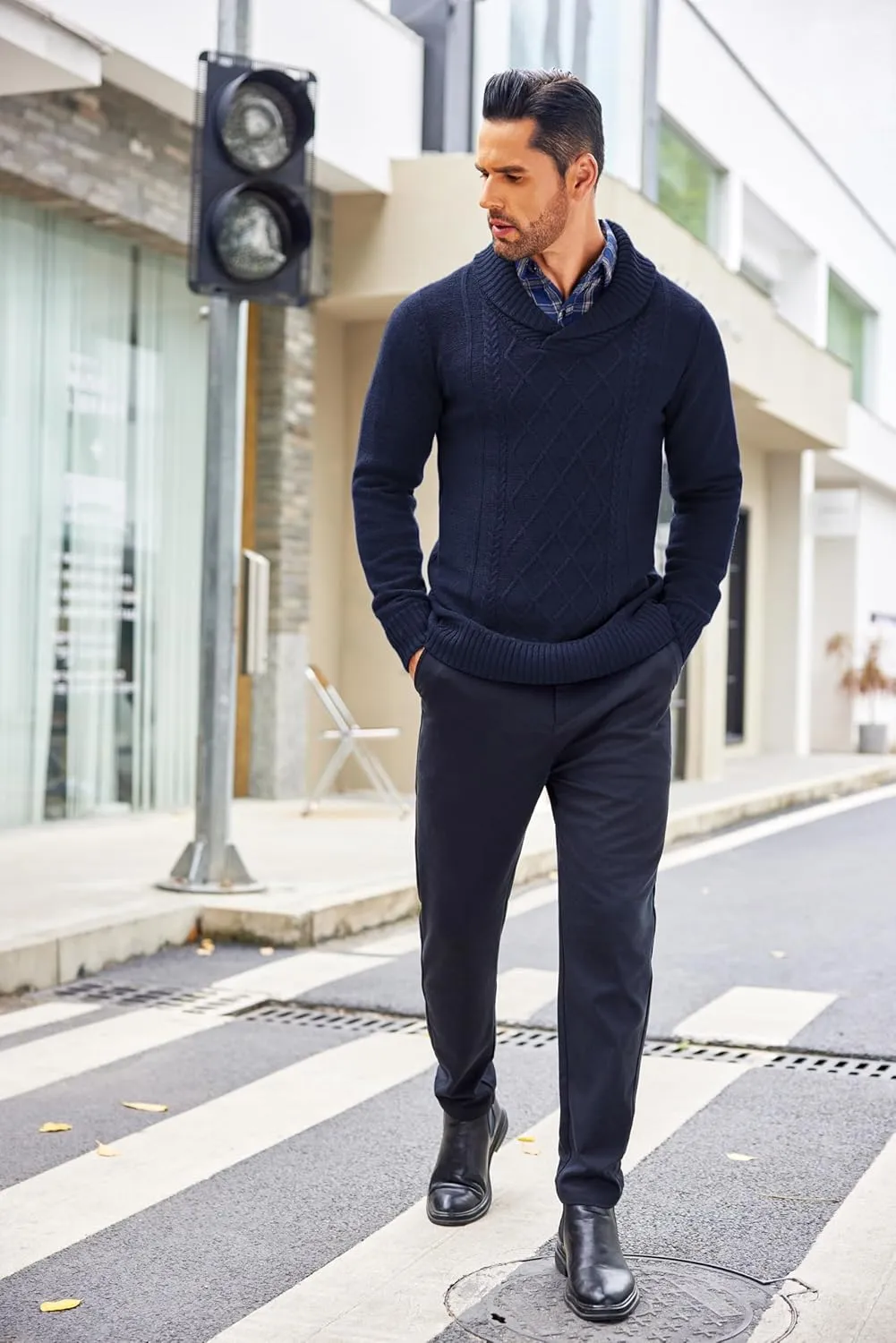 COOFANDY Men's Shawl Collar Sweaters V-Neck Relaxed Fit Cable Pullovers