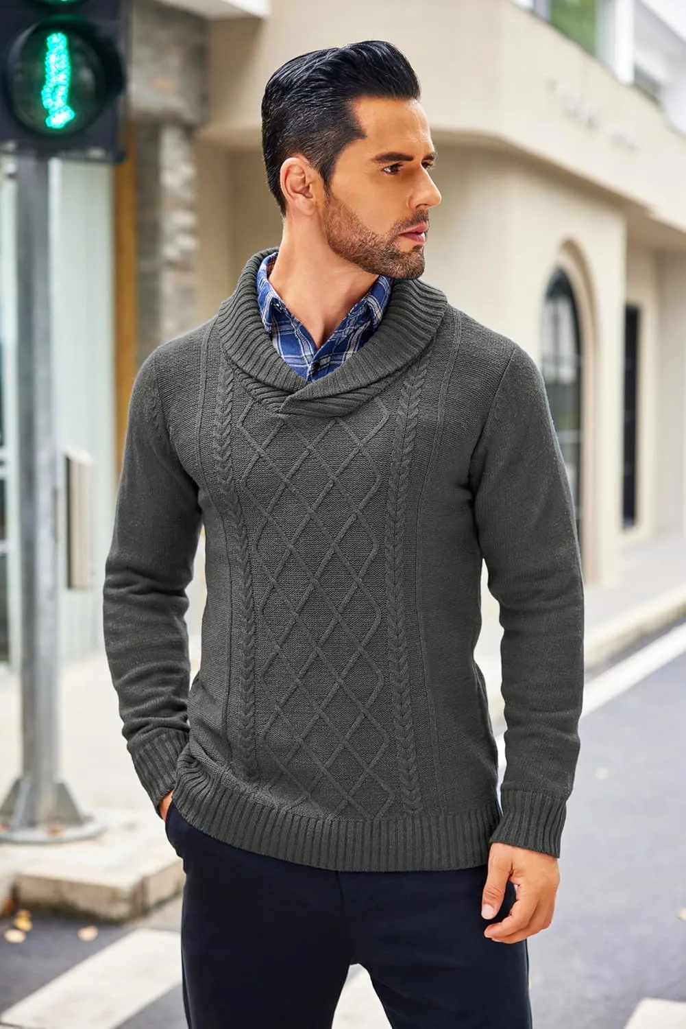 COOFANDY Men's Shawl Collar Sweaters V-Neck Relaxed Fit Cable Pullovers