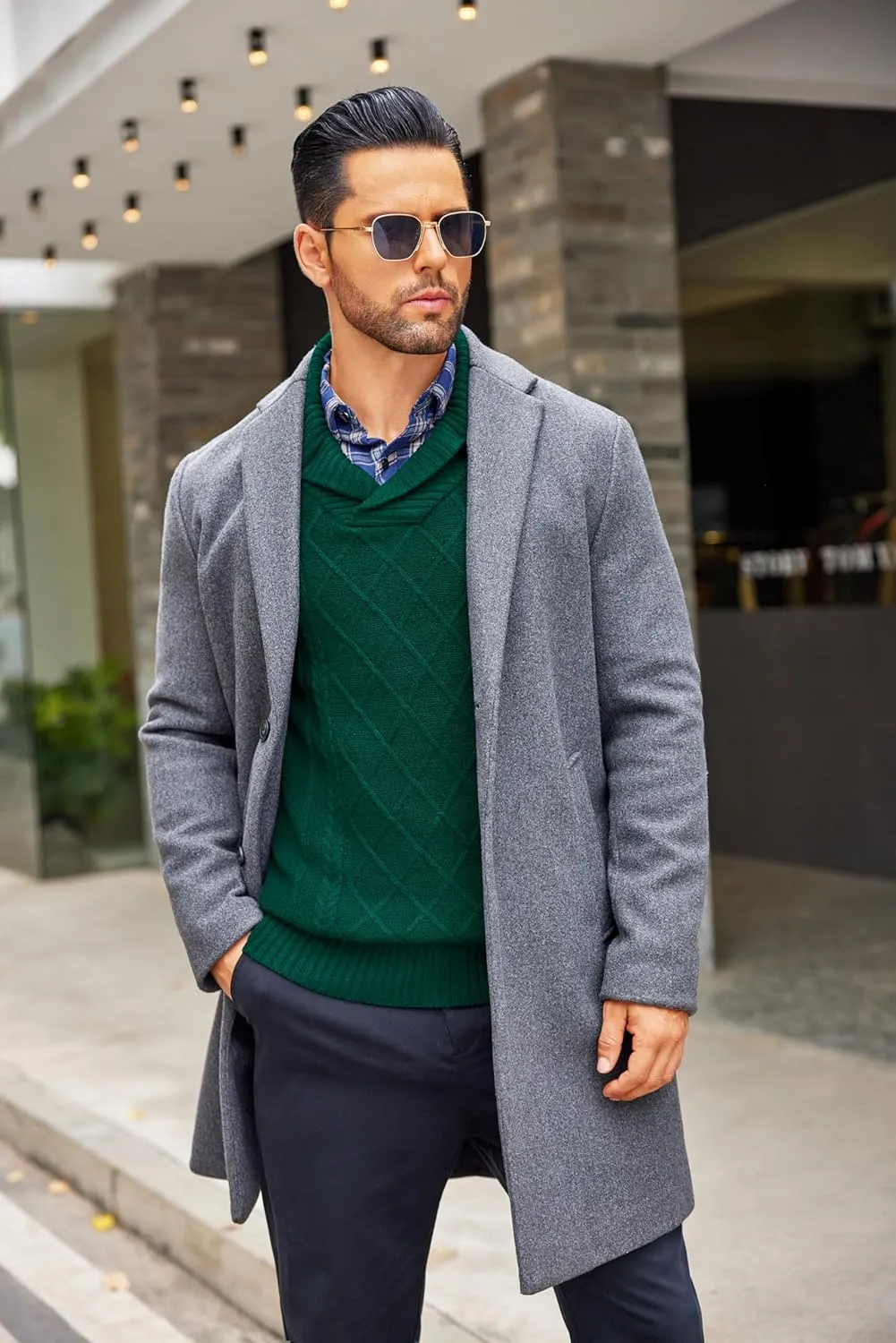 COOFANDY Men's Shawl Collar Sweaters V-Neck Relaxed Fit Cable Pullovers