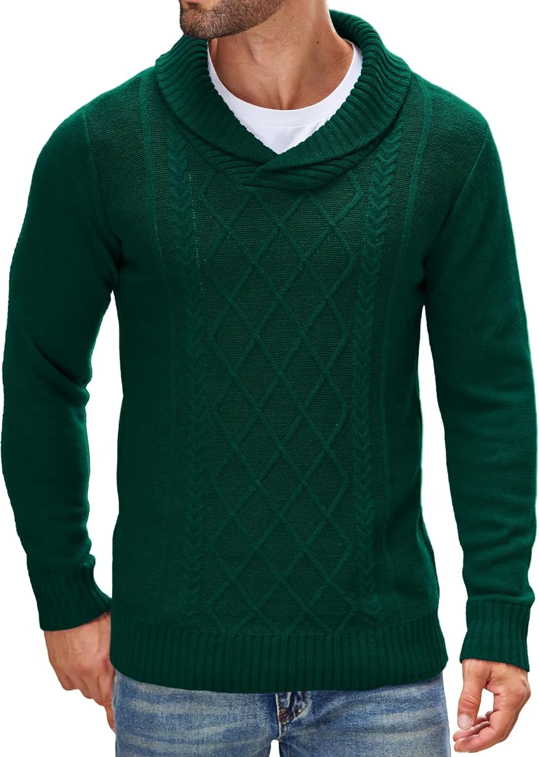 COOFANDY Men's Shawl Collar Sweaters V-Neck Relaxed Fit Cable Pullovers