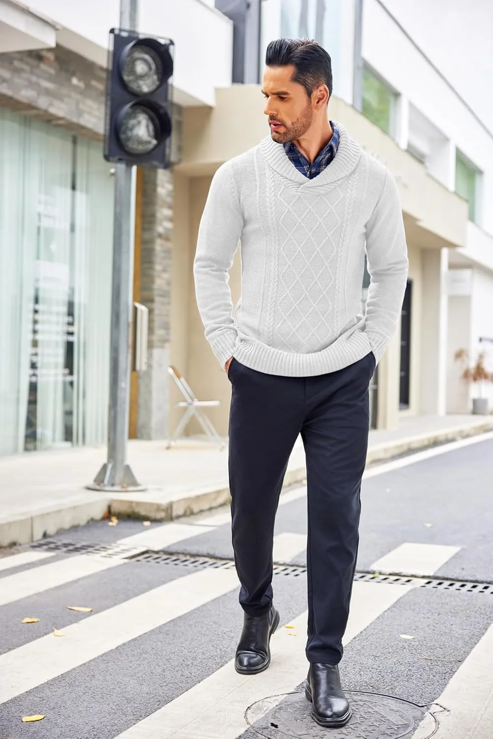 COOFANDY Men's Shawl Collar Sweaters V-Neck Relaxed Fit Cable Pullovers