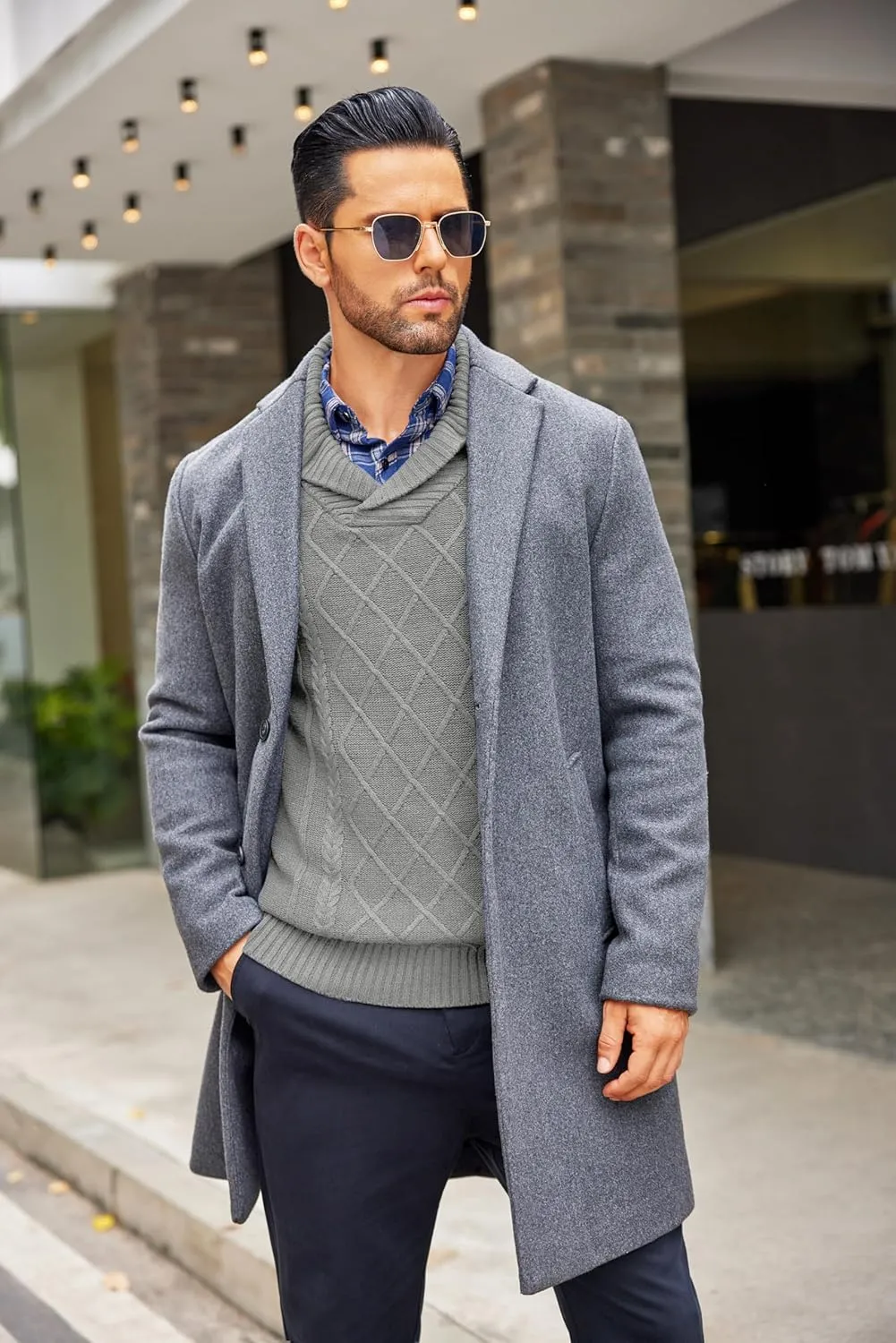 COOFANDY Men's Shawl Collar Sweaters V-Neck Relaxed Fit Cable Pullovers