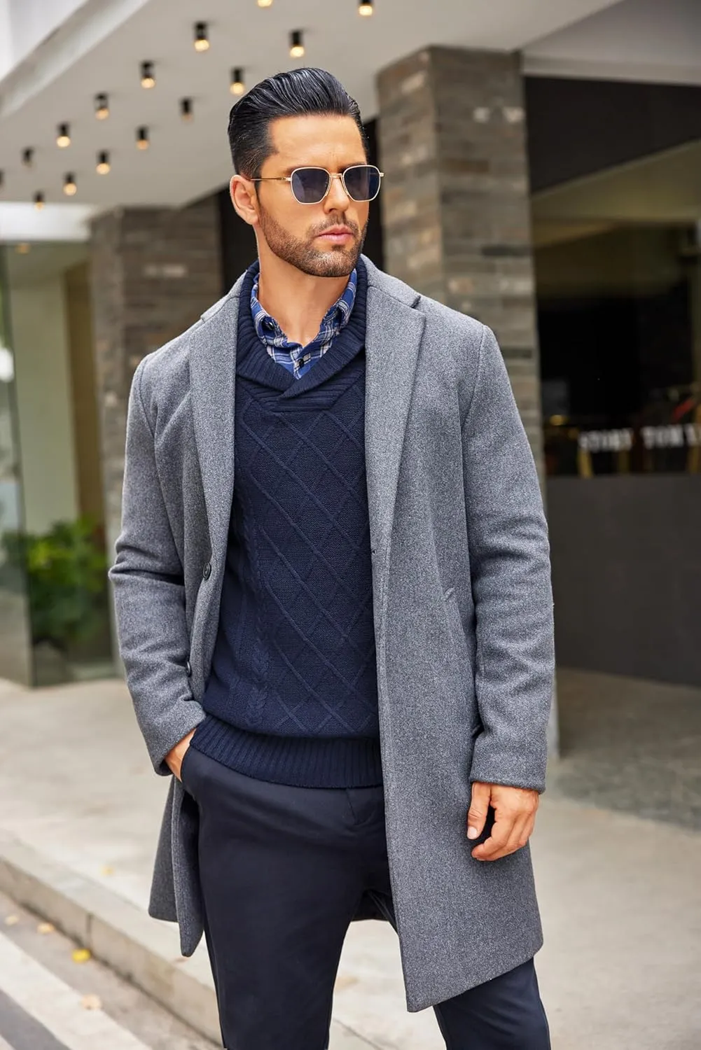 COOFANDY Men's Shawl Collar Sweaters V-Neck Relaxed Fit Cable Pullovers