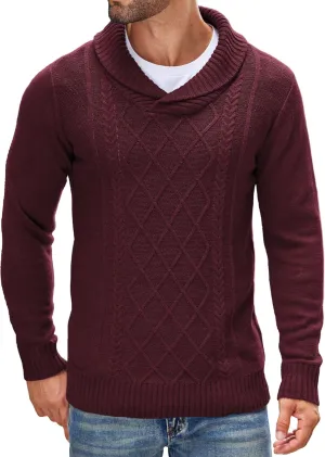 COOFANDY Men's Shawl Collar Sweaters V-Neck Relaxed Fit Cable Pullovers