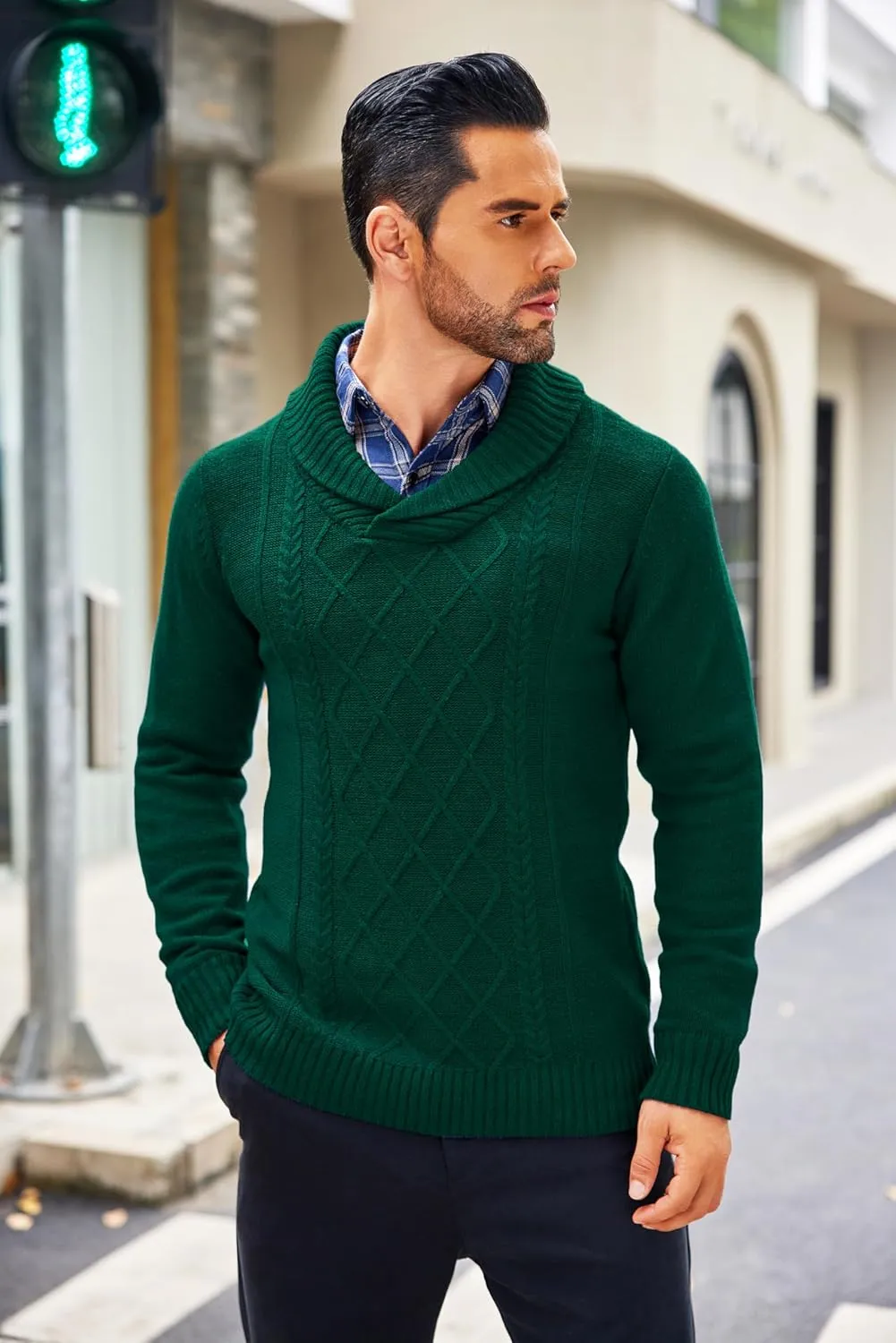 COOFANDY Men's Shawl Collar Sweaters V-Neck Relaxed Fit Cable Pullovers