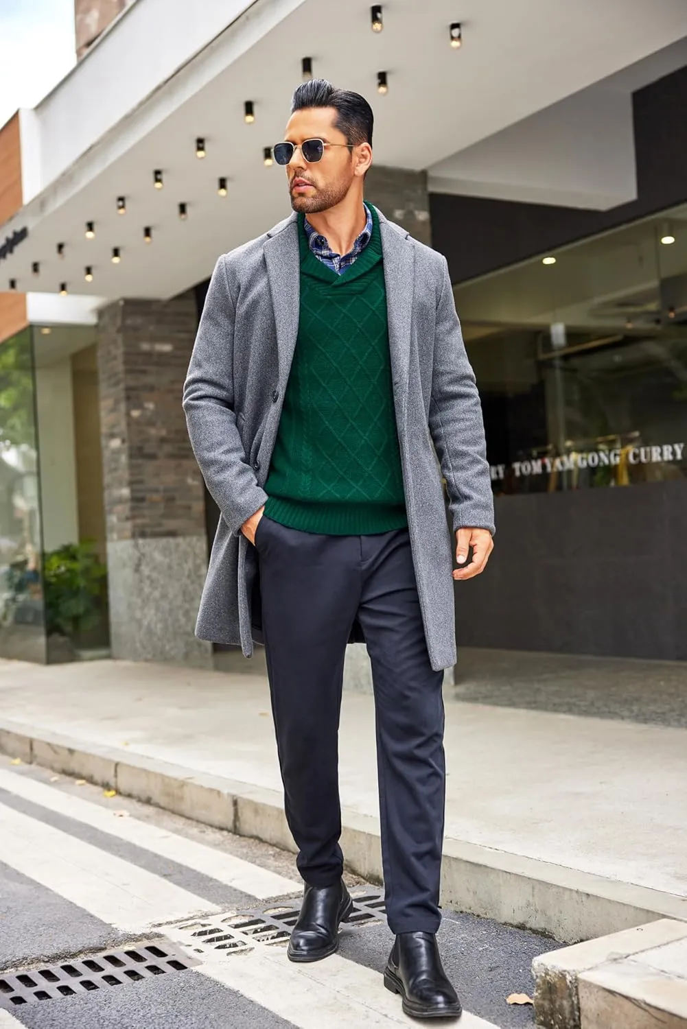 COOFANDY Men's Shawl Collar Sweaters V-Neck Relaxed Fit Cable Pullovers