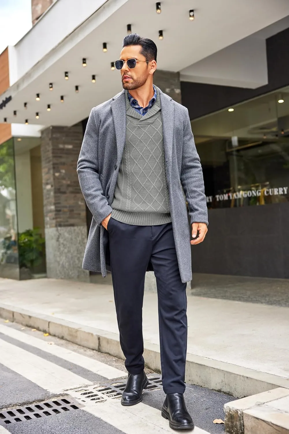 COOFANDY Men's Shawl Collar Sweaters V-Neck Relaxed Fit Cable Pullovers